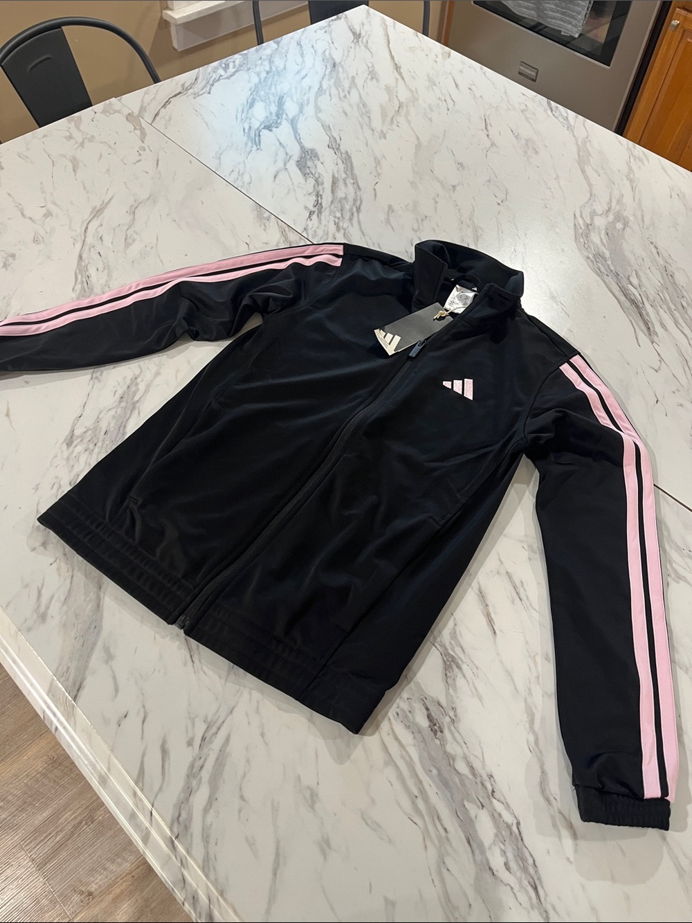 adidas Black Zip-Front Track Jacket with Pink Stripes